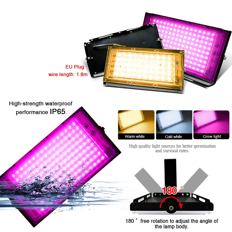 Full Spectrum LED Grow Light Phyto Lamp AC 220V 50W 100W with EU Plug for Greenhouse Hydroponic Plant Growth Floodlight Lighting