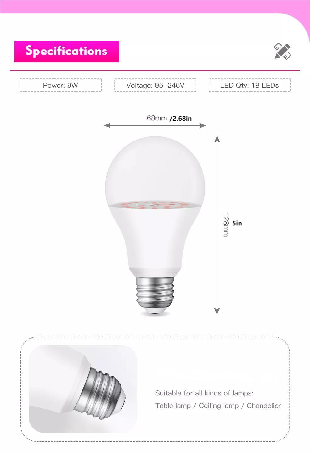 LED Grow Light Bulbs A19/A60 Full Spectrum E27 Base 11W