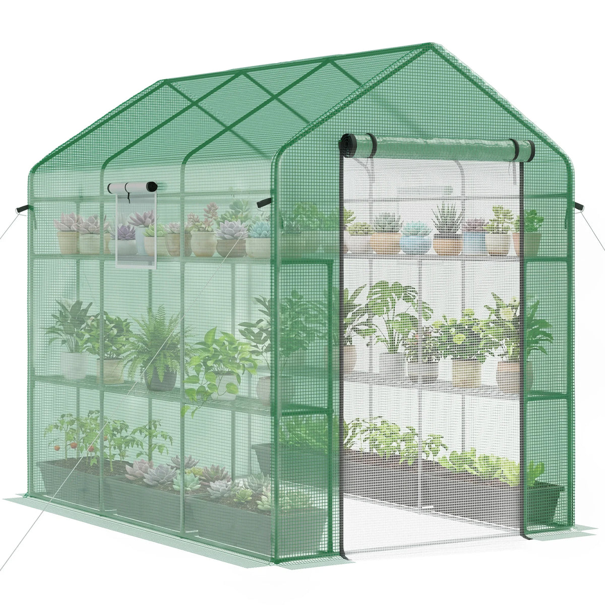 7' x 5' x 6' Greenhouse Warm House with 2-Tier Shelf Steel Frame PE Cover Green