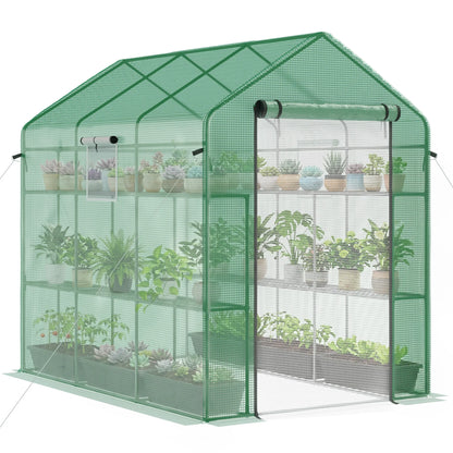 7' x 5' x 6' Greenhouse Warm House with 2-Tier Shelf Steel Frame PE Cover Green
